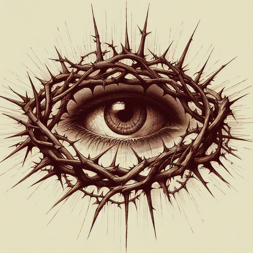imagen de un ojo entre una corona de espinas, sepia, a boligrafo